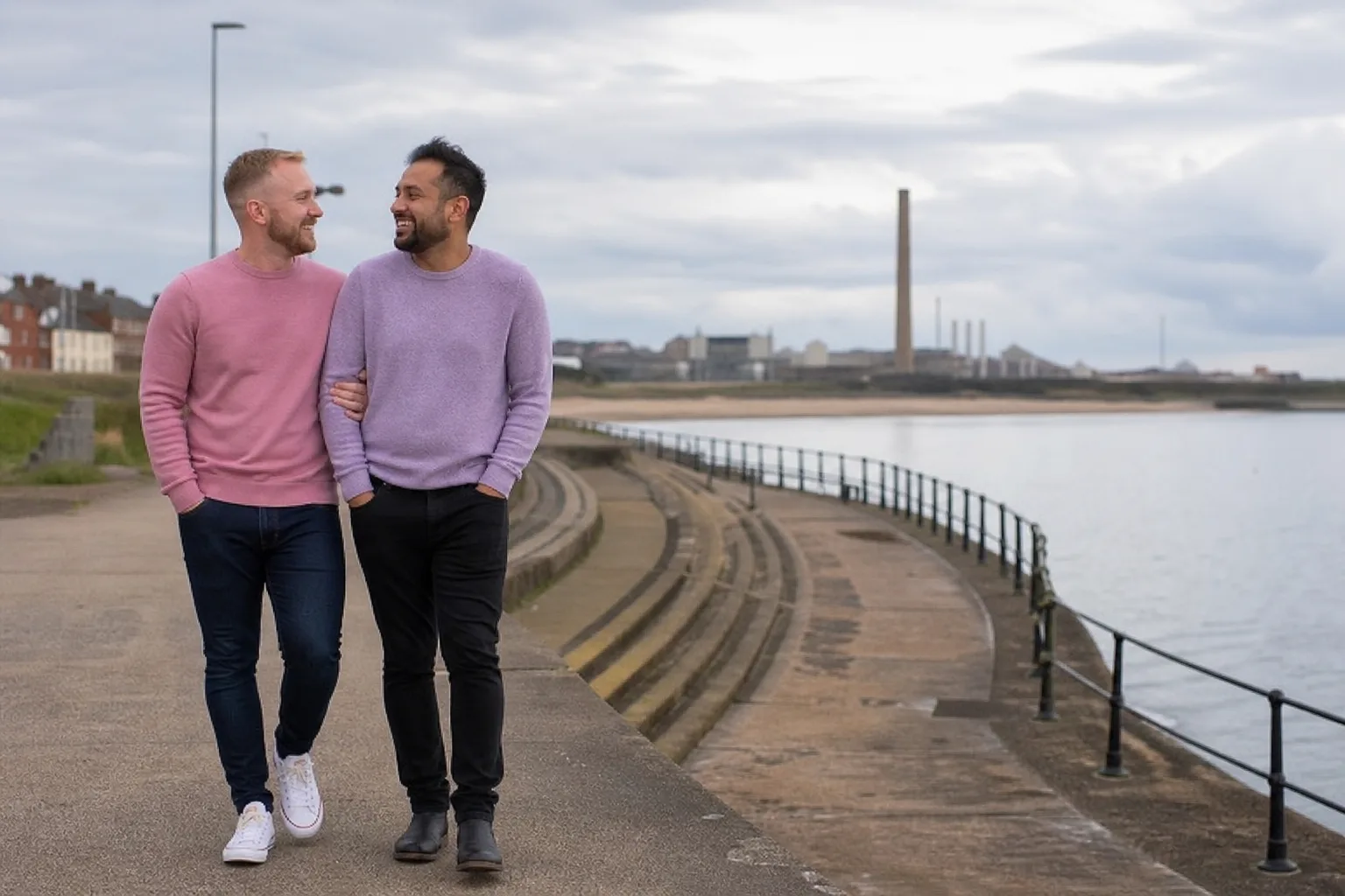 Two men walking together beside Redcar beach