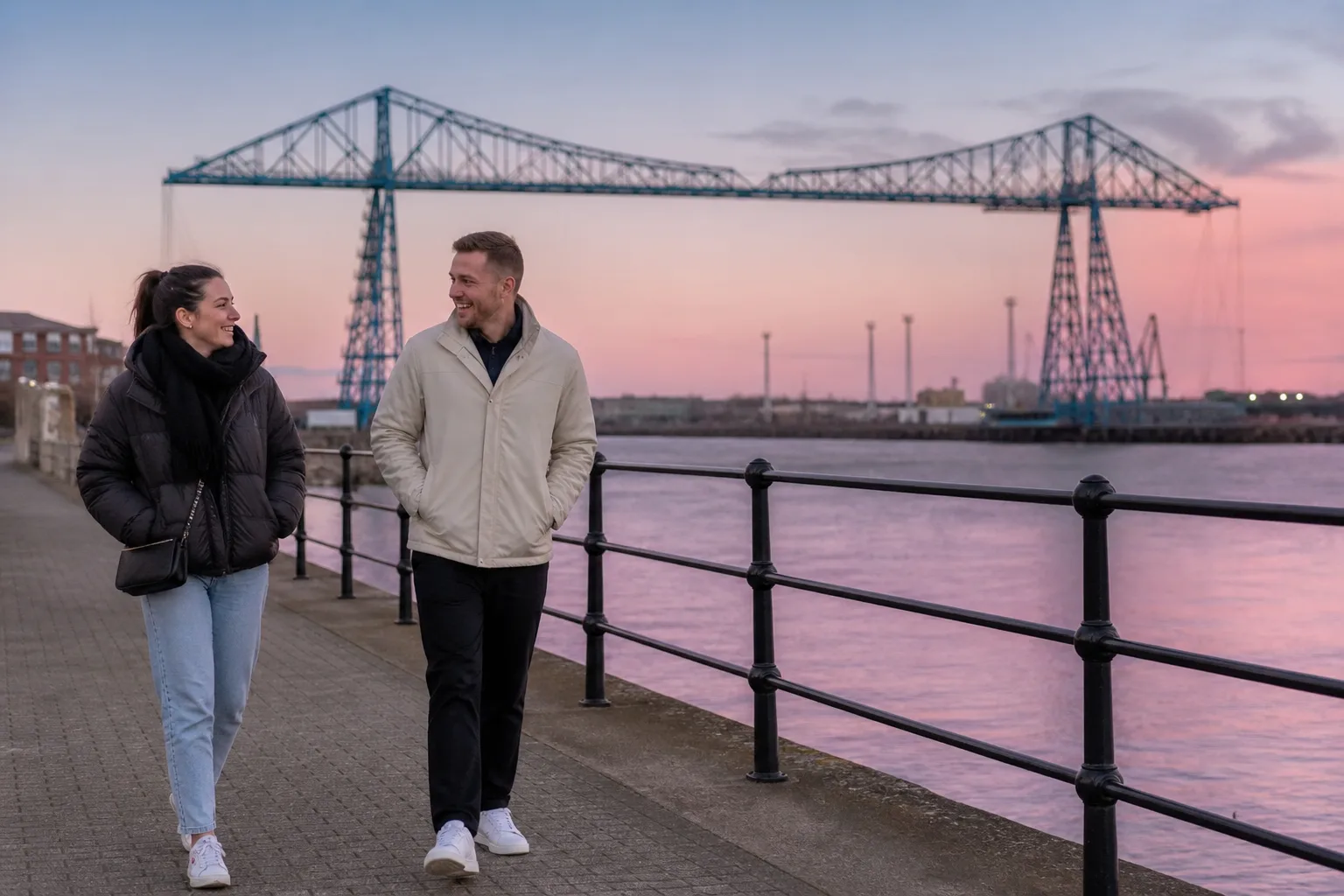 A couple walking together beside the sea at Redcar