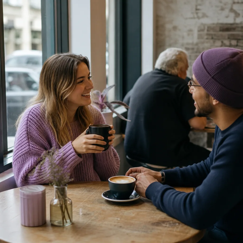 Two people talking over coffee in a relaxed Middlesbrough café