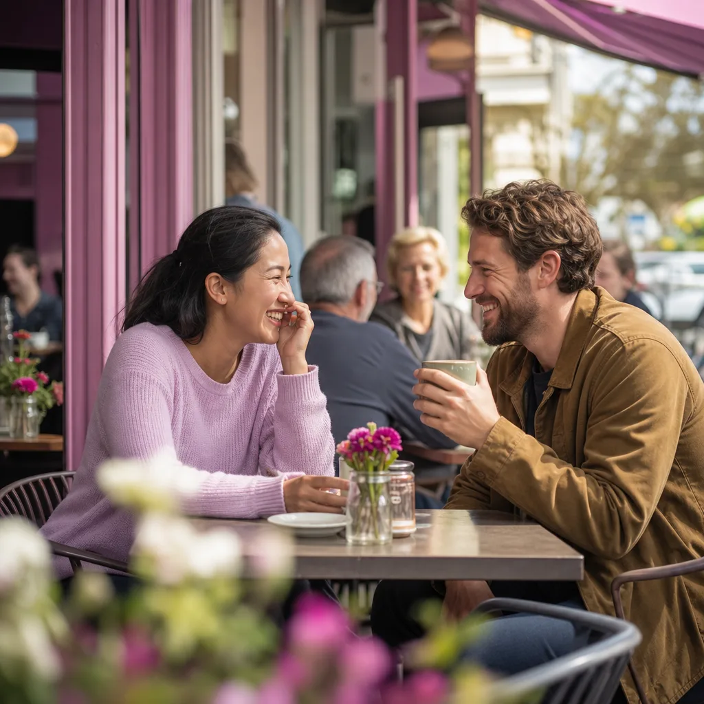 A couple having a relaxed conversation in a busy Teesside café