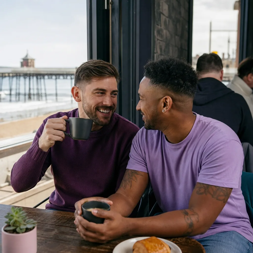 Two men talking over coffee at a table in Redcar