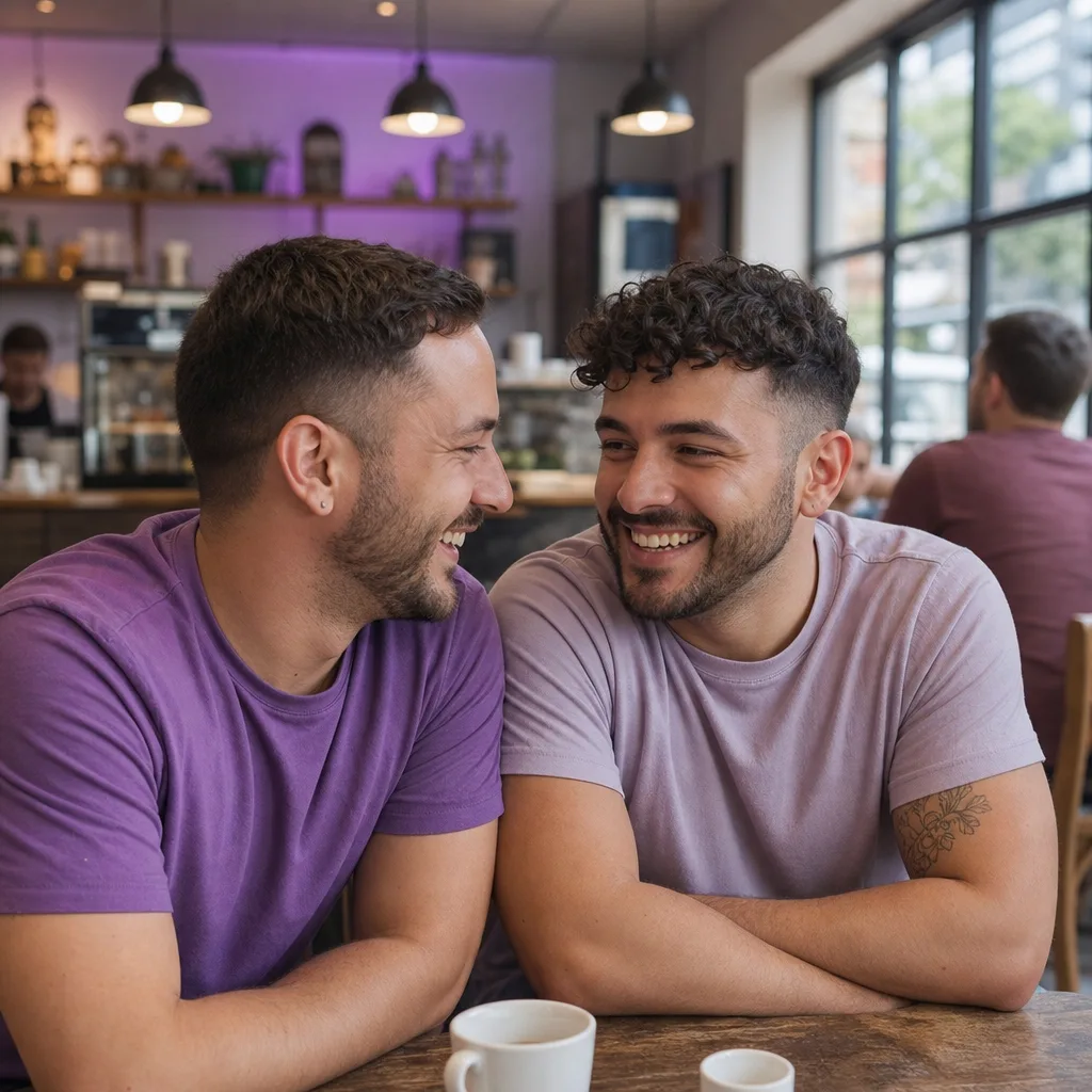 Gay couple walking on a busy section of Redcar seafront