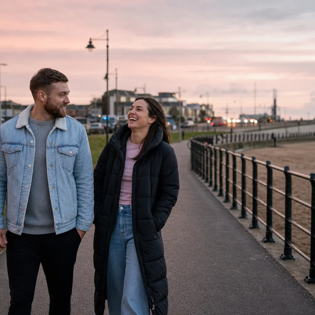 Two people chatting during a walk along Redcar seafront